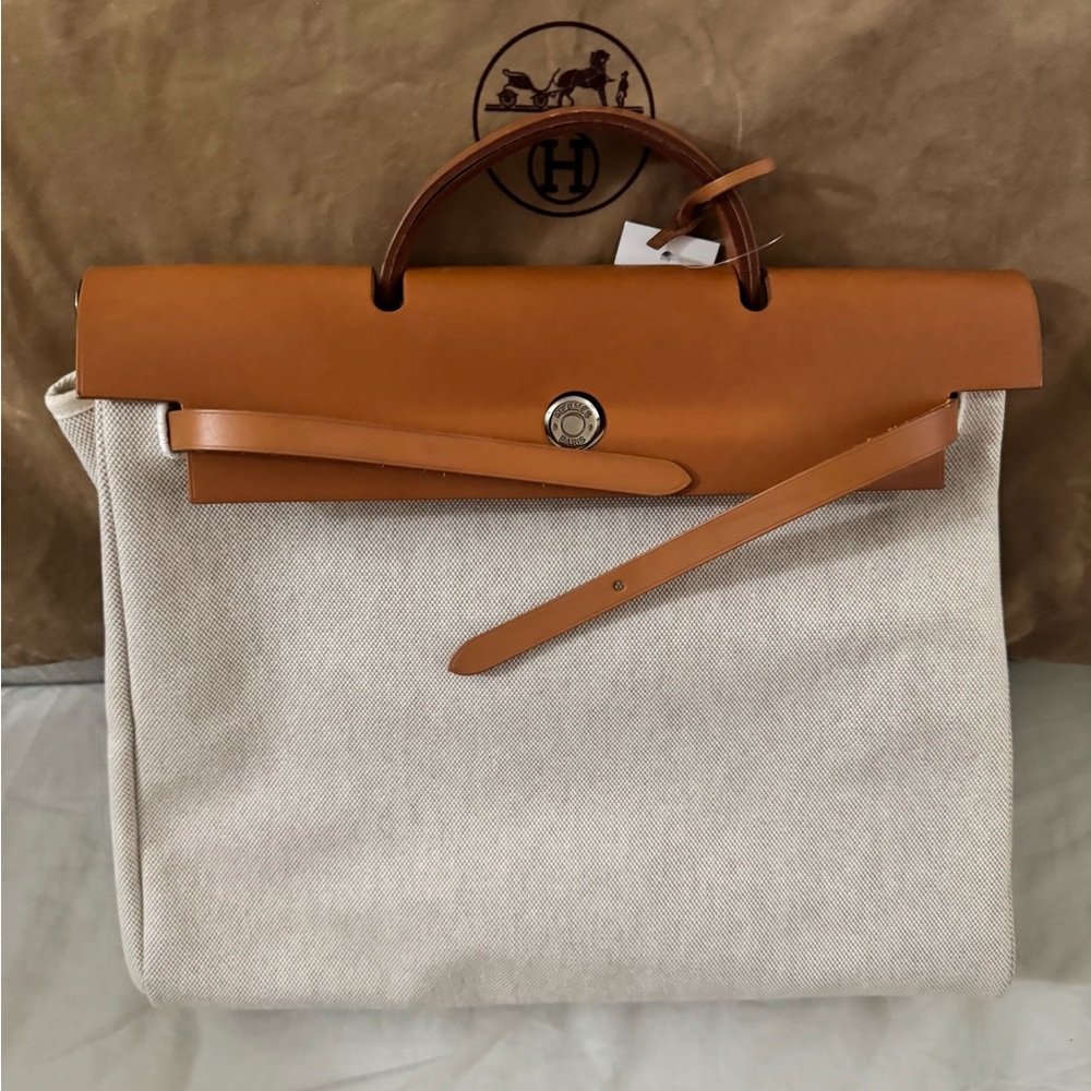 Hermes Herbag 39 Tan and Cream Canvas Bag